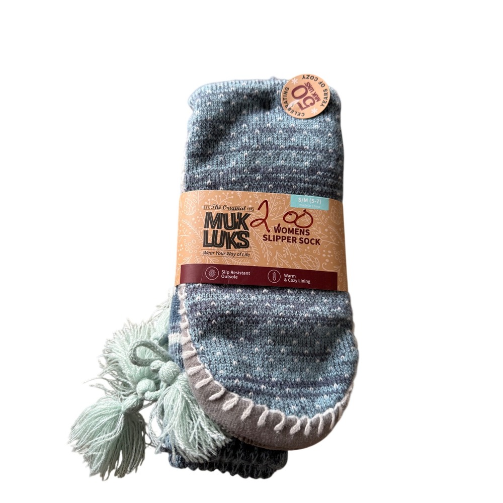 Muk Luks Womens Slipper Socks Blue Marled Knit Tassel Non Slip Sole S/M 5-7 NEW